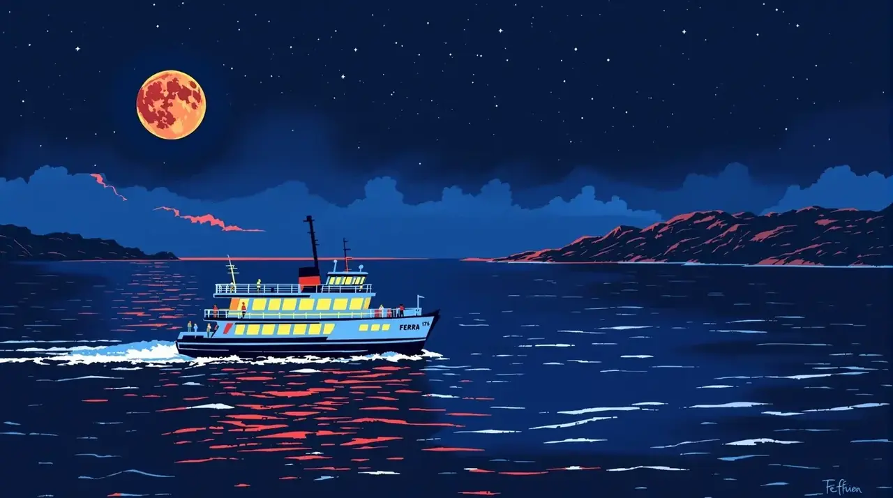 移动端跨海引导 夜间渡轮跨海插画